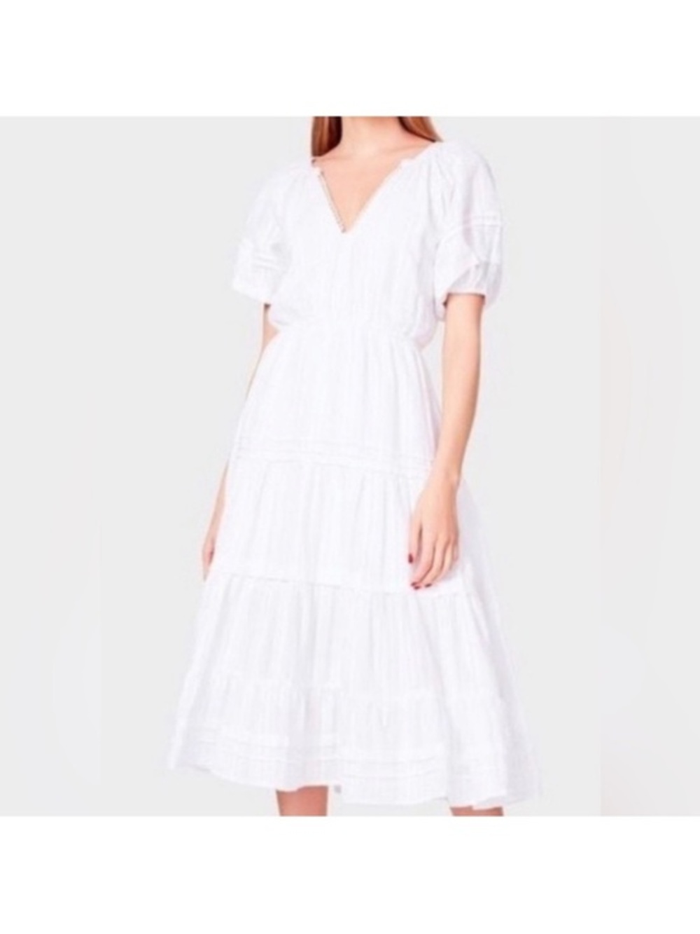Betsey Johnson White Swiss Dot Smocked Milkmaid Tiered Midi Dress